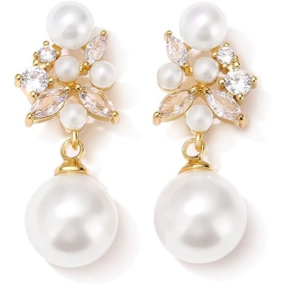 Pearl Drop Dangle Earrings for Women CZ Bridal Wedding Prom Jewelry for Brides - Picture 1 of 7